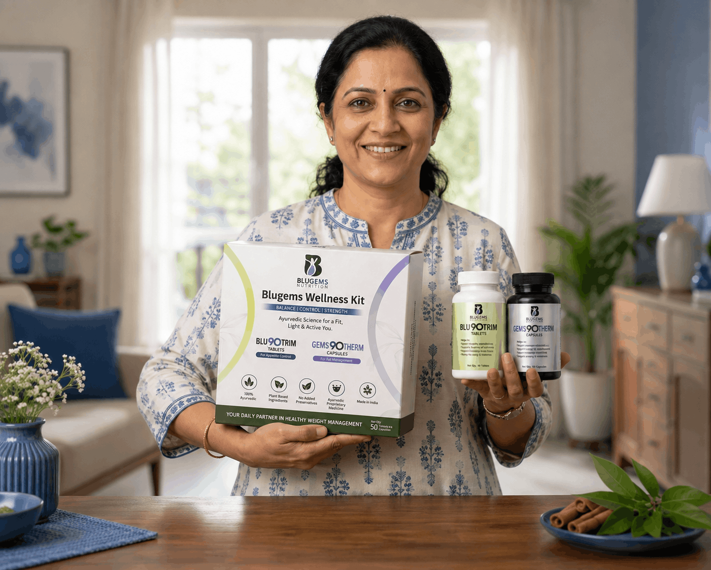 indian women holding wellness kit blue compressed